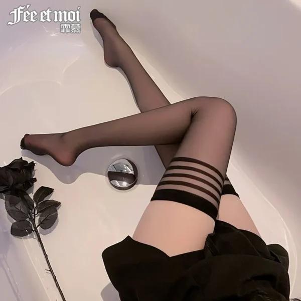 Black Striped Thigh-High Stockings - Image 3