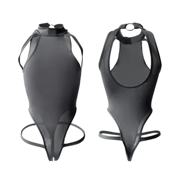 Black Crotchless Bodysuit with Leash - 图片 2