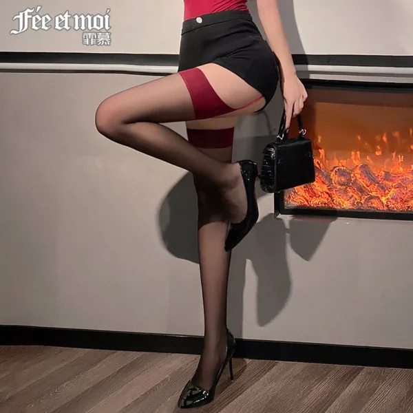 Red-Bordered Garter Black Stockings - Image 6