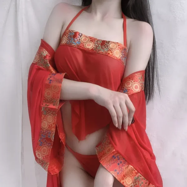 Bright Red Traditional Chinese-Style Lace Bridal Outfit (Dudou) - Image 2