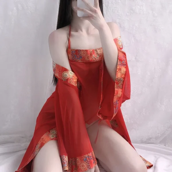 Bright Red Traditional Chinese-Style Lace Bridal Outfit (Strapless Bustier) - Image 3