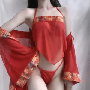 Bright Red Traditional Chinese-Style Lace Bridal Outfit (Dudou)