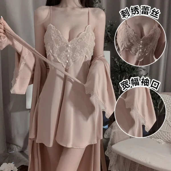 Rose Gold Embroidered Lace Slip Nightgown（Robe + Sash） - Image 4