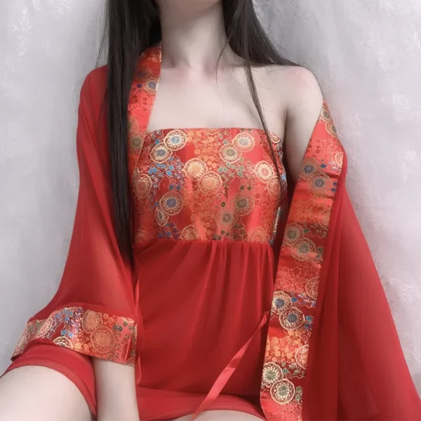 Bright Red Traditional Chinese-Style Lace Bridal Outfit (Strapless Bustier) - Image 2