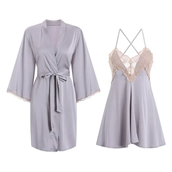 Lavender Purple Embroidered Lace Slip Nightgown（Robe + Sash） - Image 3