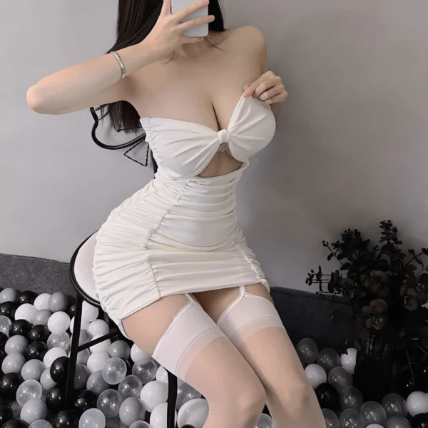 Wuli Rabbit White Sexy Strapless Ruched Bodycon Dress - Image 4