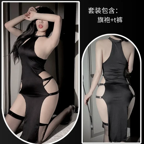 Wuli Rabbit Black Sleeveless Hollow-Out High-Waist Side Slit Dress - Image 2
